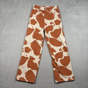 Lisa Says Gah Cow Print High Rise Straight Leg Pants Rust Cream Womens Size 26